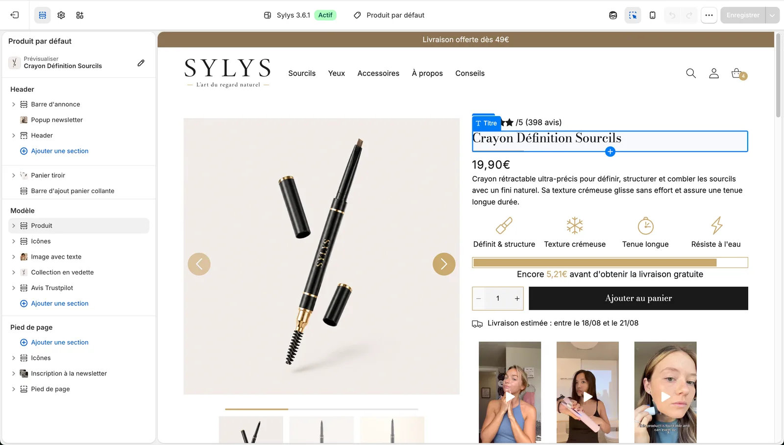 The Shopify editor with Story Theme active: the section list on the left, the store preview on the right.