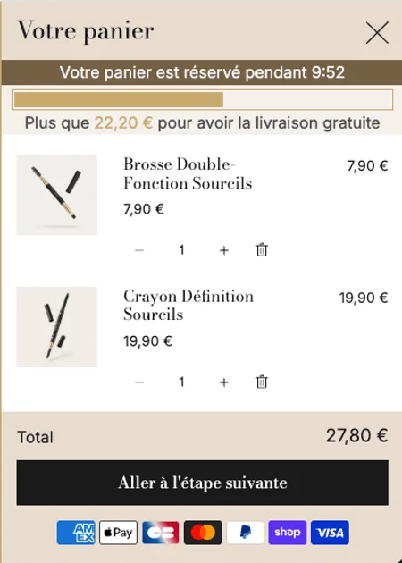 Cart drawer: line items, free-shipping threshold, total and payment methods